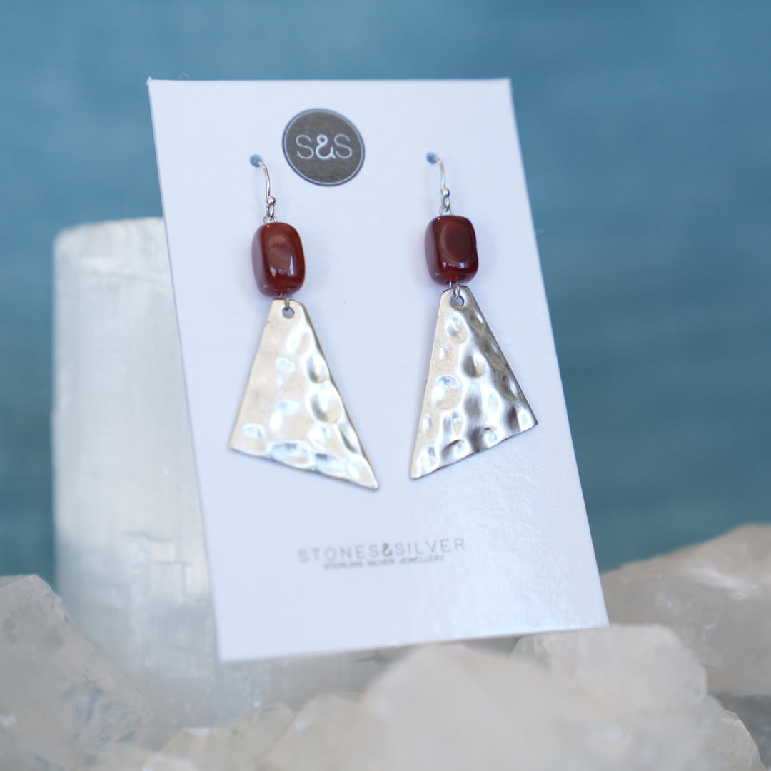 Hammered Silver and Carnelian Triangle Earrings